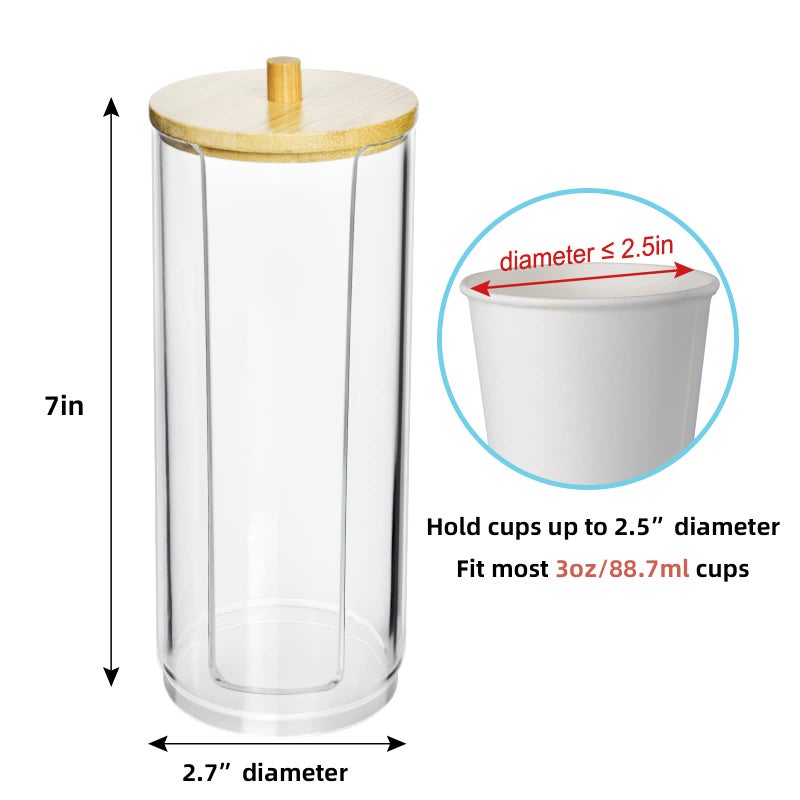 IWNTWY Bathroom Cup Dispenser, Mouthwash Cups Holder Fit 3oz Disposable Paper Cup, Clear Acrylic Canister Cotton Round Pad Holder Makeup Organizer with Lid for Vanity Countertops - Image 2